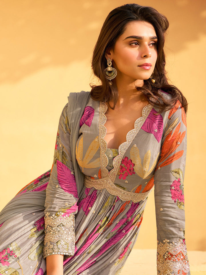Printed &amp; Embroidered Chinon Gown With Dupatta