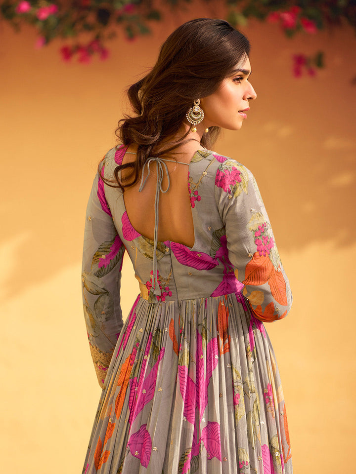 Printed &amp; Embroidered Chinon Gown With Dupatta