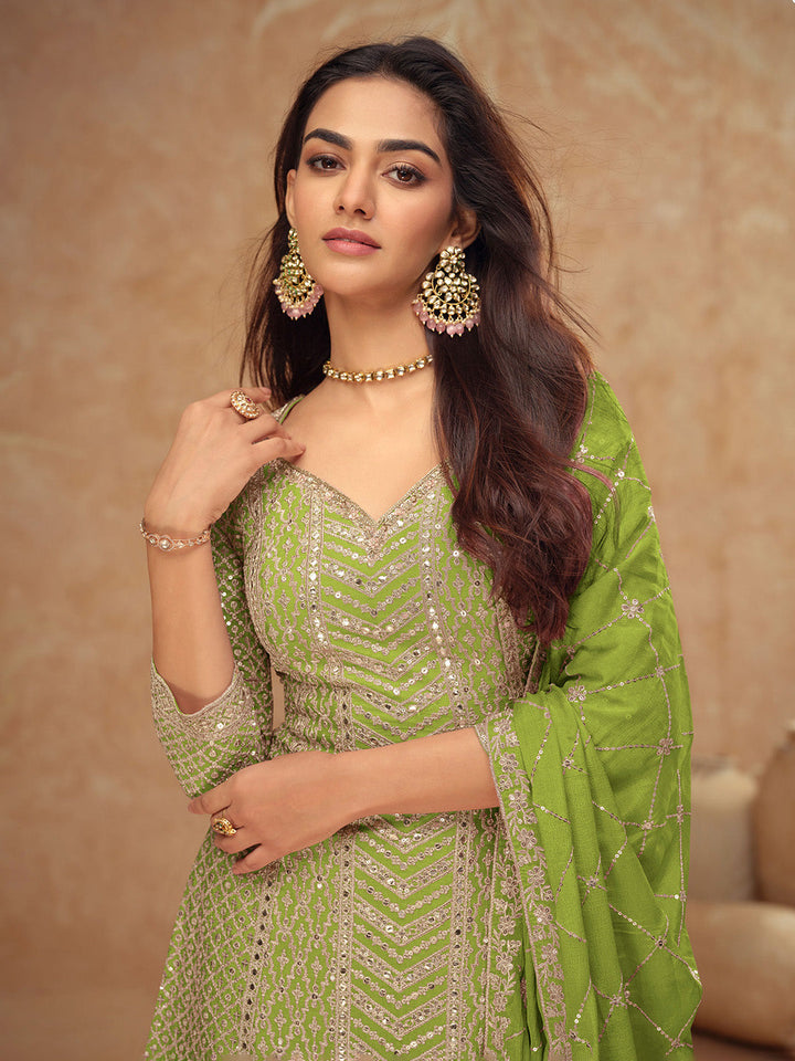 Embroidered Chinon Kurta With Plazzo &amp; Dupatta