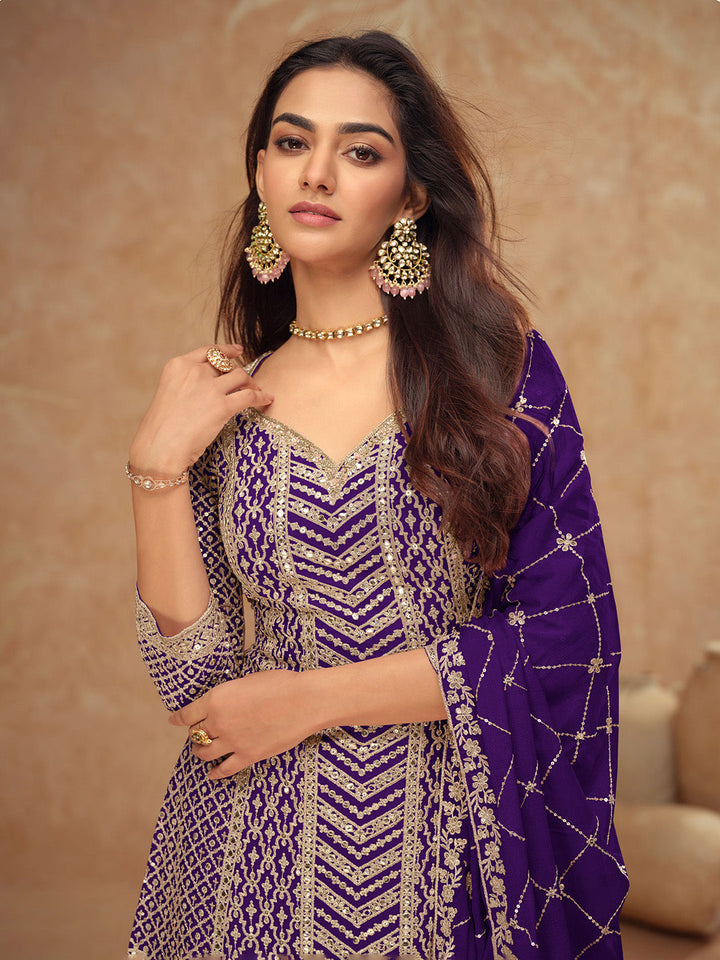 Embroidered Chinon Kurta With Plazzo &amp; Dupatta