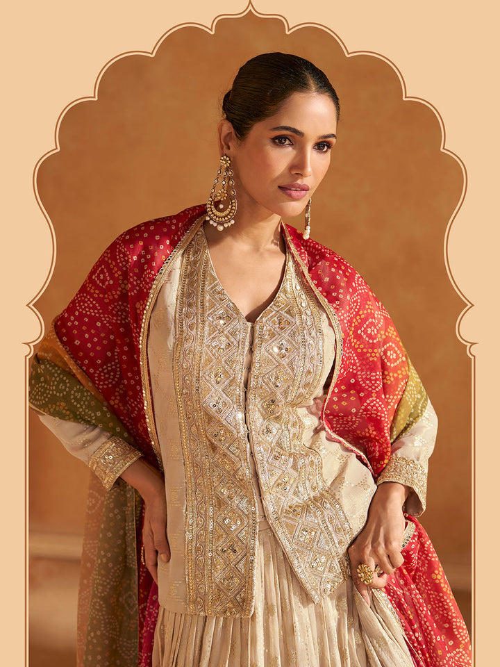 Sequin Embroidery Jacquard Silk Kurti With Lehenga &amp; Dupatta