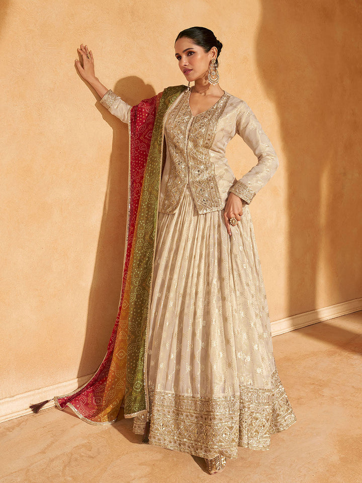 Sequin Embroidery Jacquard Silk Kurti With Lehenga &amp; Dupatta
