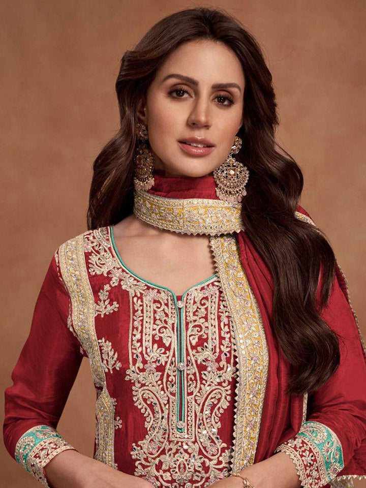 Embroidered Simar Silk Kurta With Plazzo &amp; Dupatta