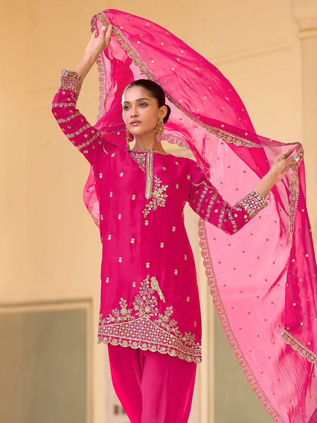 Embroidered Crepe Suit With Pant &amp; Dupatta