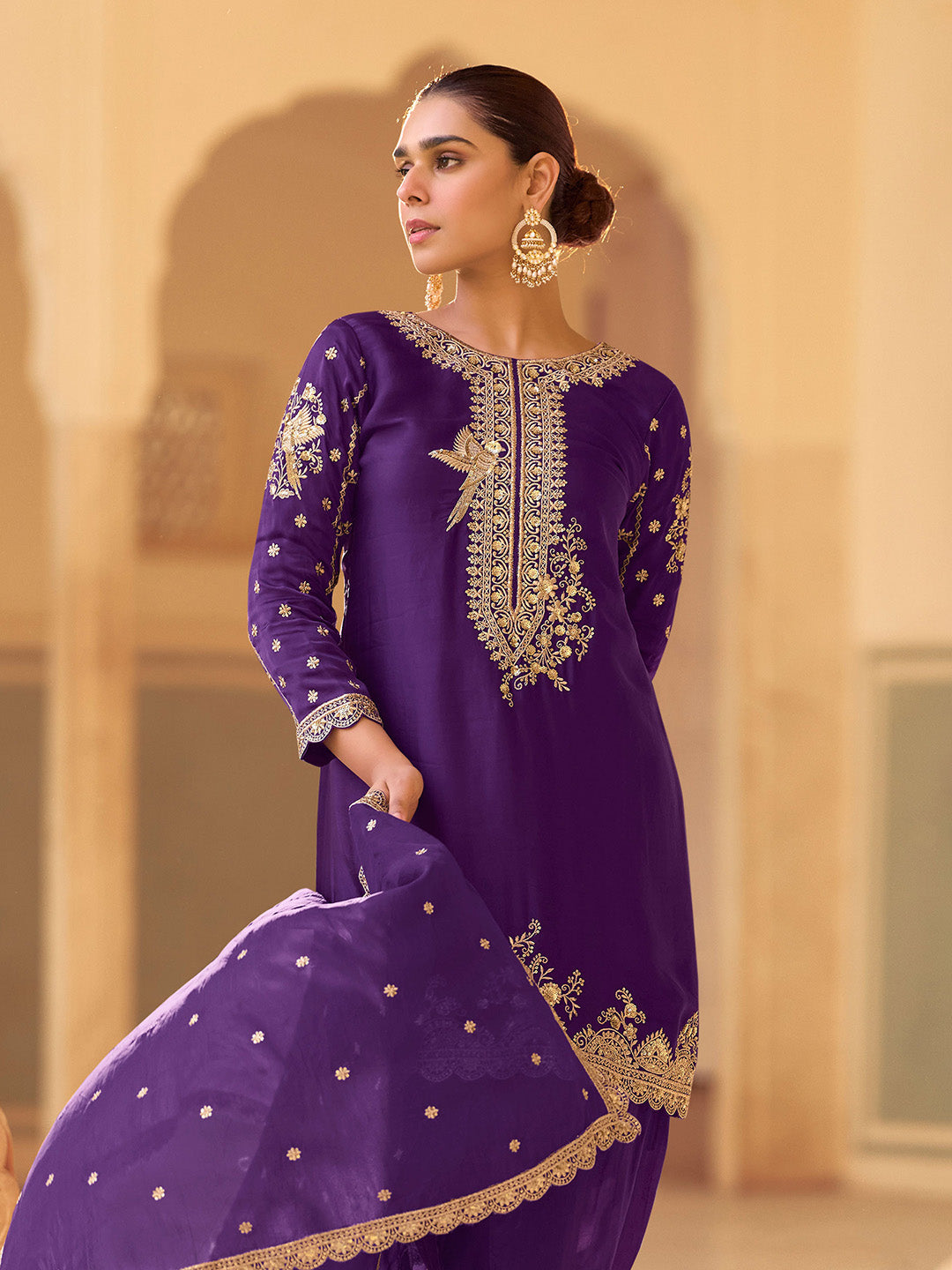 Embroidered Crepe Silk Kurti With Patiala Salwar &amp; Dupatta
