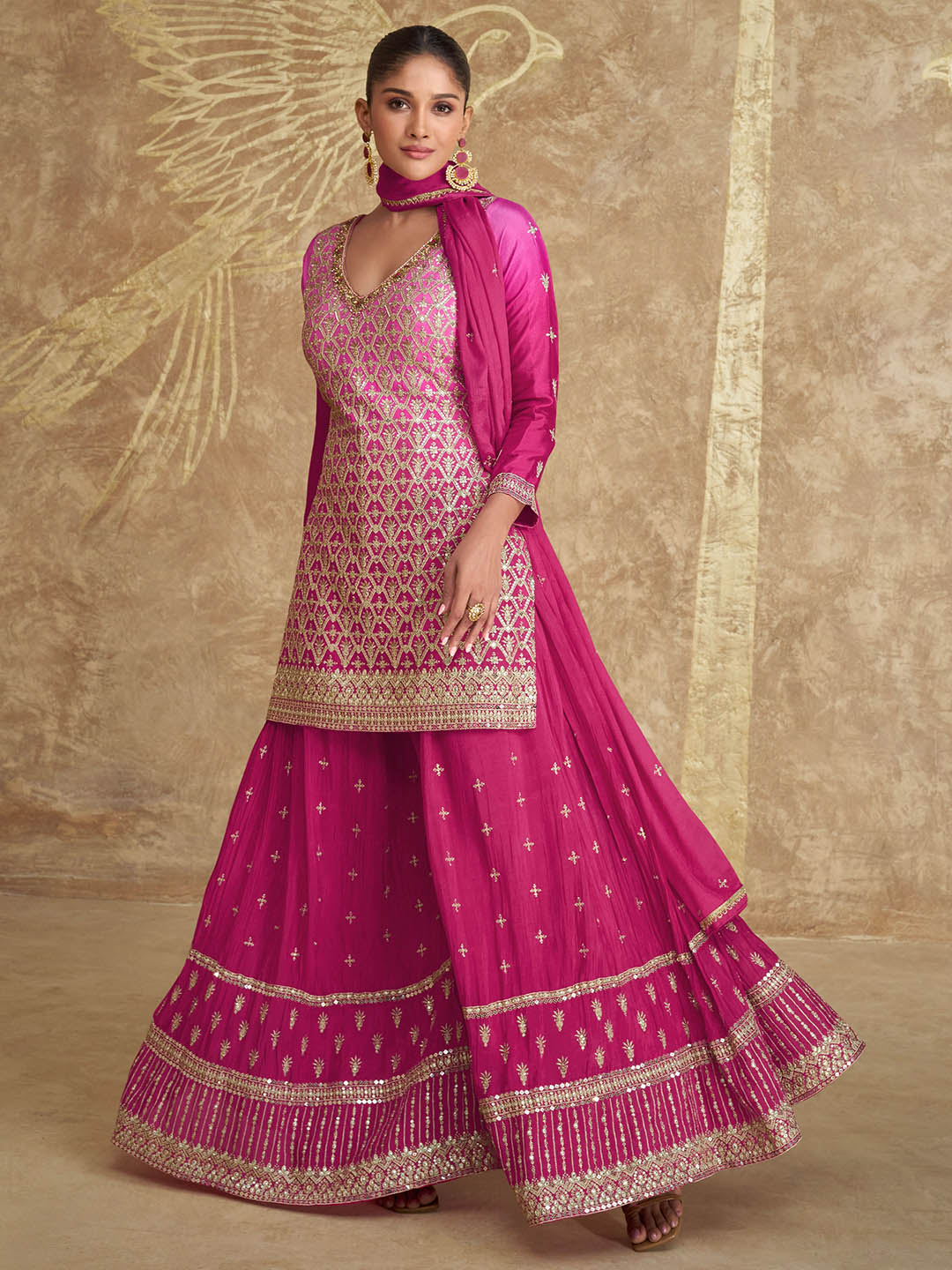 Embroidered Art Silk Suit With Plazzo &amp; Dupatta