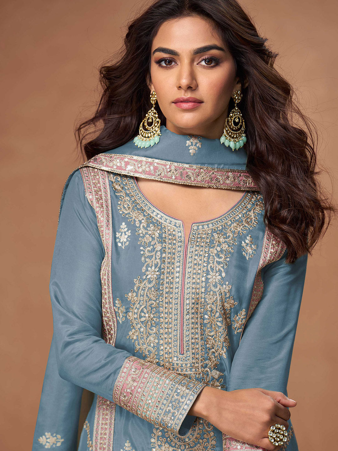 Embroidered Simar Silk Kurta With Plazzo &amp; Dupatta