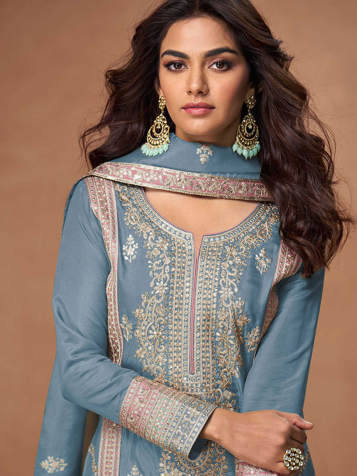 Embroidered Simar Silk Kurta With Plazzo &amp; Dupatta