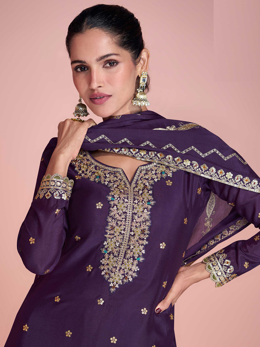 Embroidered Chinon Suit With Pant &amp; Dupatta