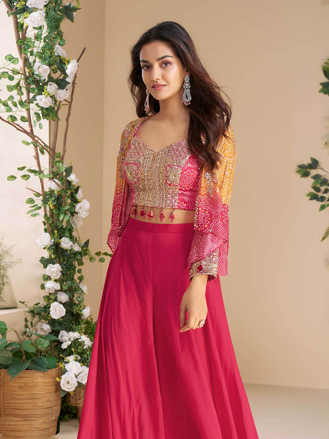 Embroidered Chinon Choli &amp; Sharara With Jacket