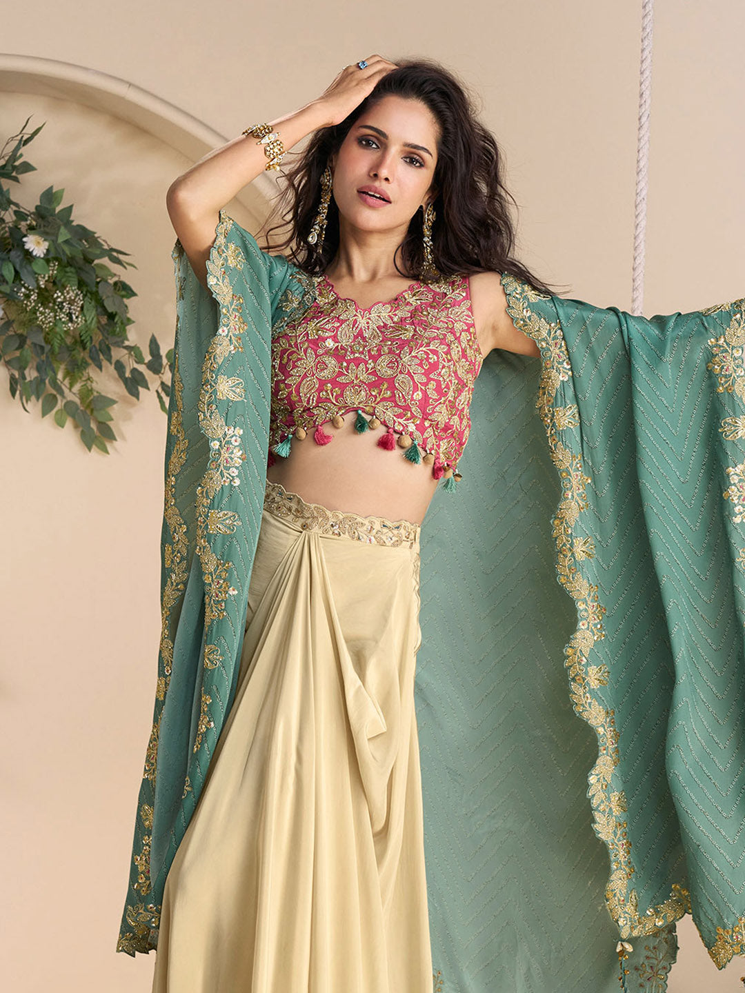 Embroidered Chinon Choli With Skirt &amp; Dupatta