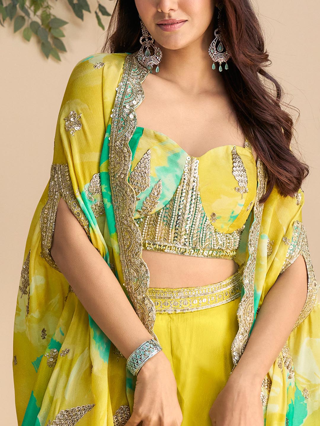Embroidered Chinon Choli &amp; Plazo With Flared Sleeve