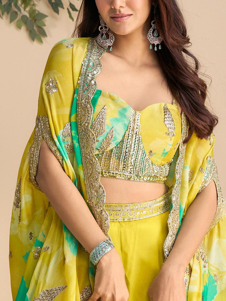 Embroidered Chinon Choli &amp; Plazo With Flared Sleeve