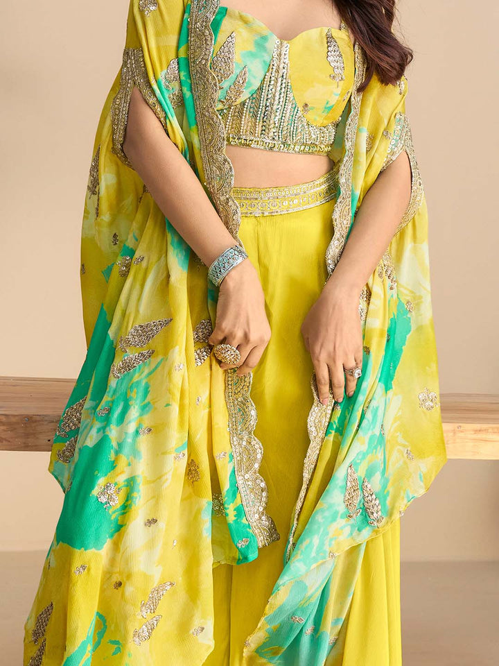 Embroidered Chinon Choli &amp; Plazo With Flared Sleeve