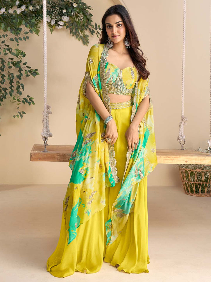 Embroidered Chinon Choli &amp; Plazo With Flared Sleeve