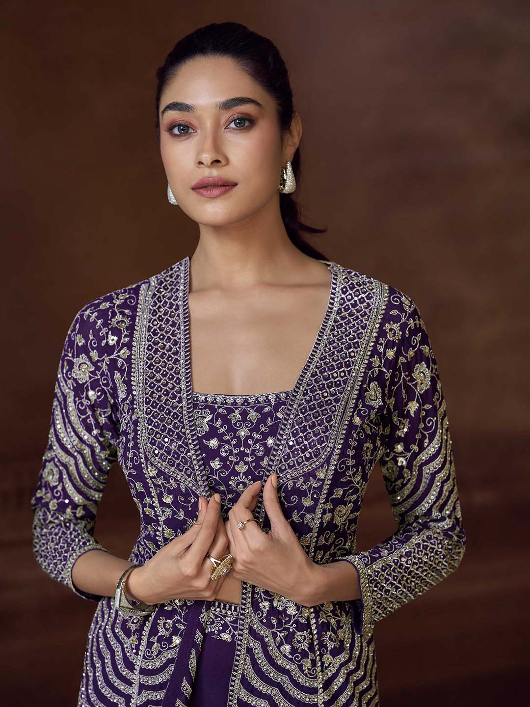 Embroidered Chinon Suit With Pant &amp; Jacket