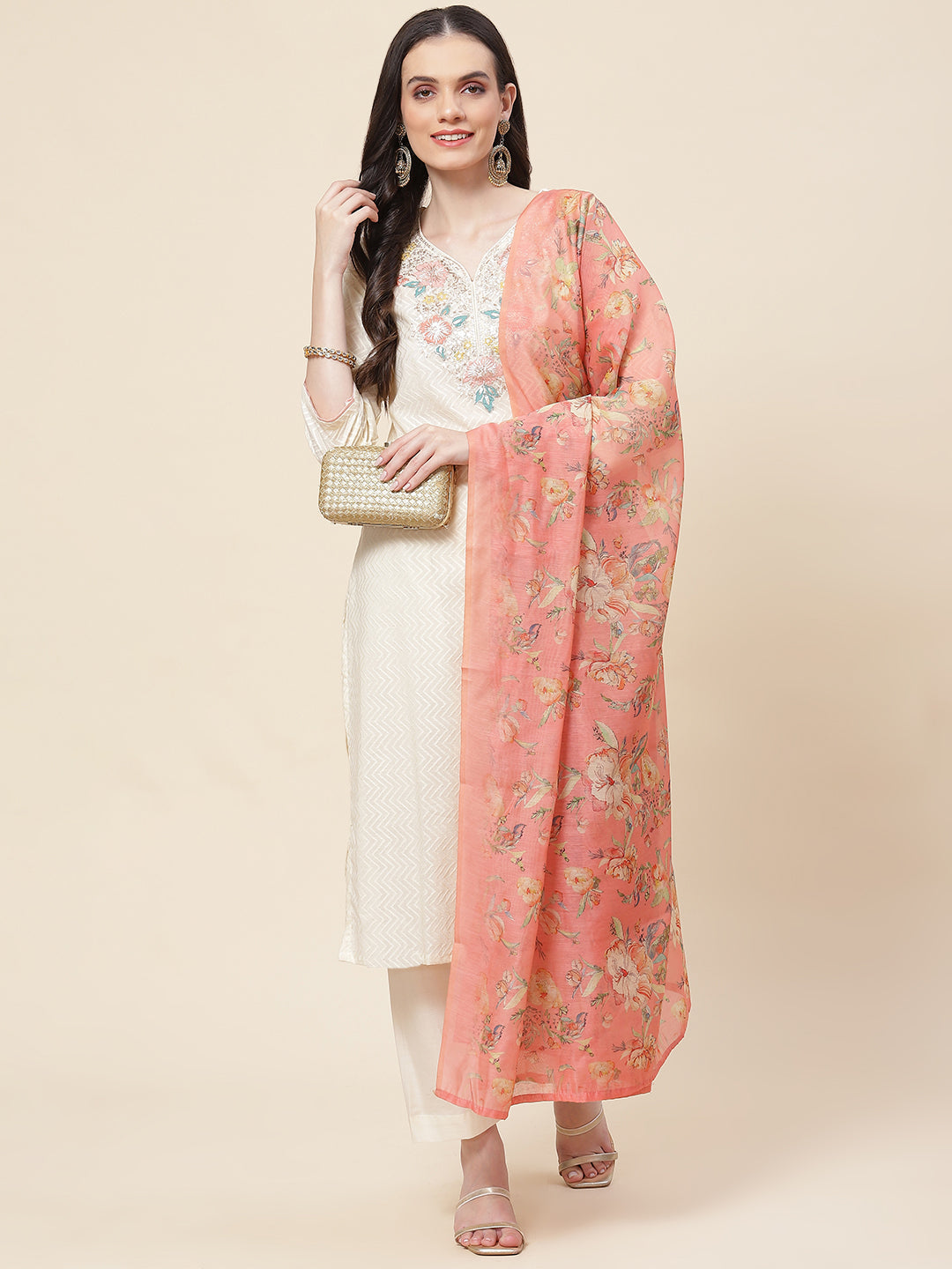 Neck Embroidered Cotton Kurta With Pants &amp; Dupatta