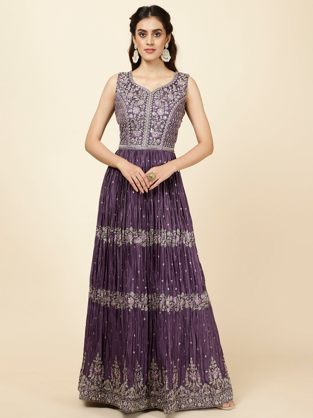 Resham Embroidered Crepe Kurta With Churidar &amp; Dupatta
