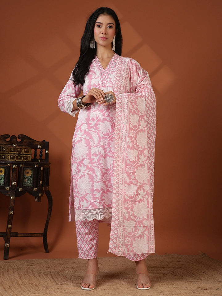 Printed Cotton Blend Kurta With Pant &amp; Dupatta