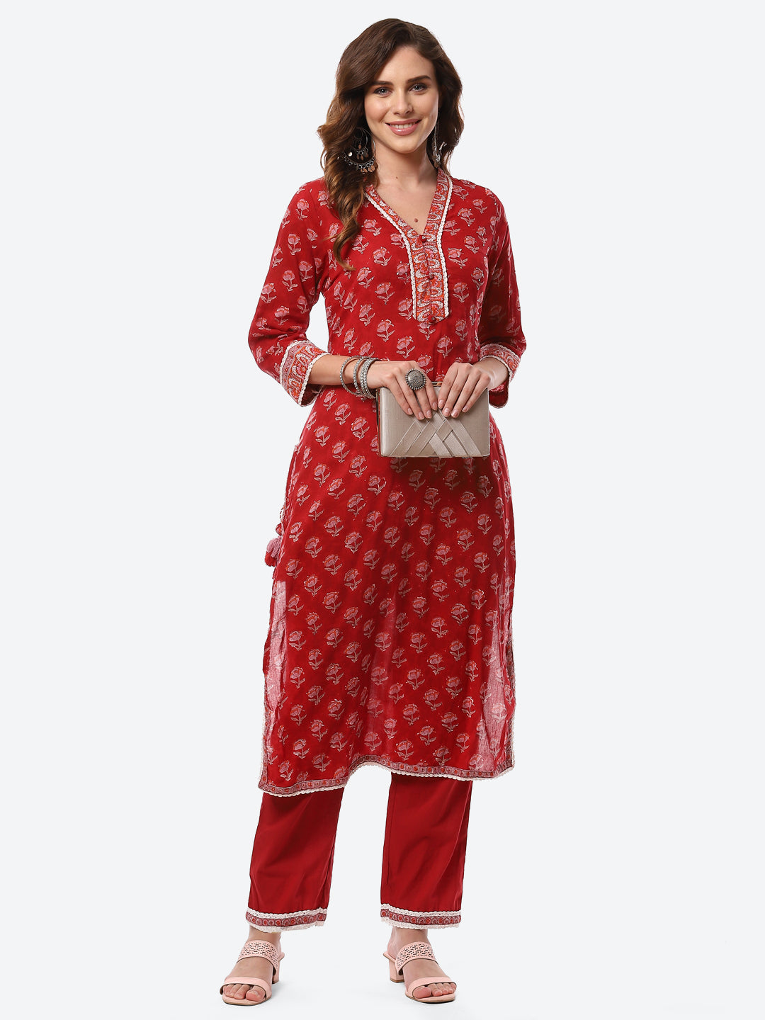 Floral Printed Cotton Kurta With Pants