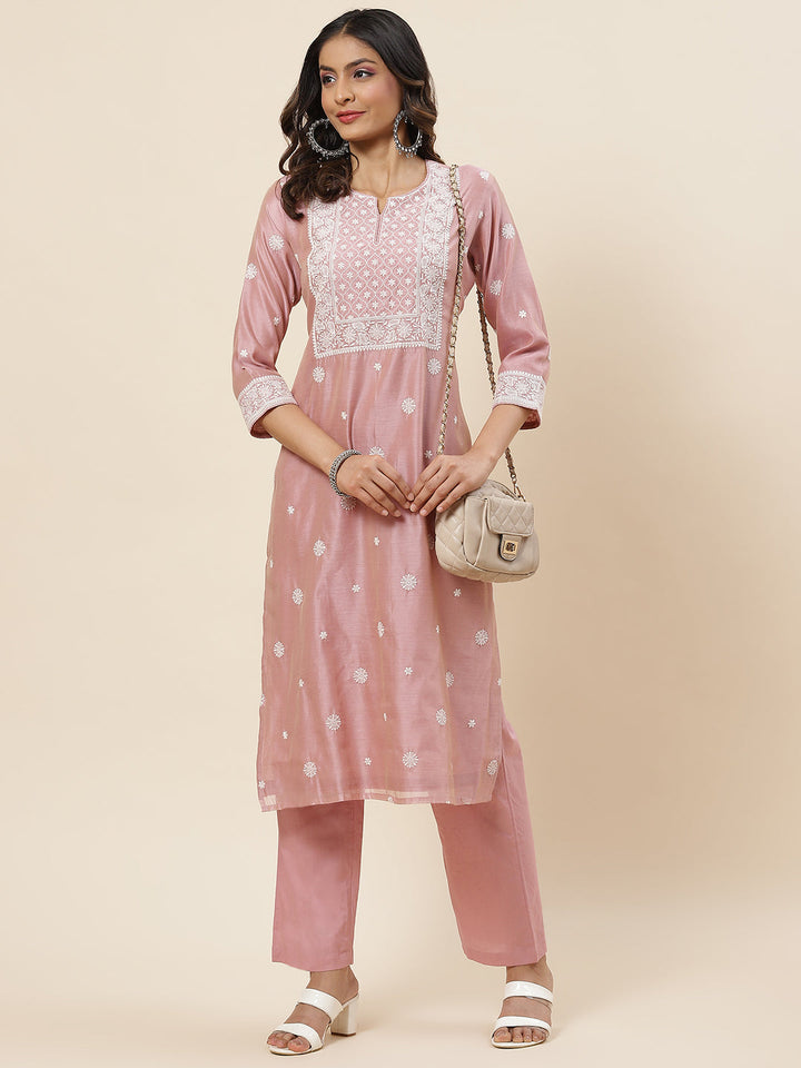 Embroidered Chanderi Kurta With Pants