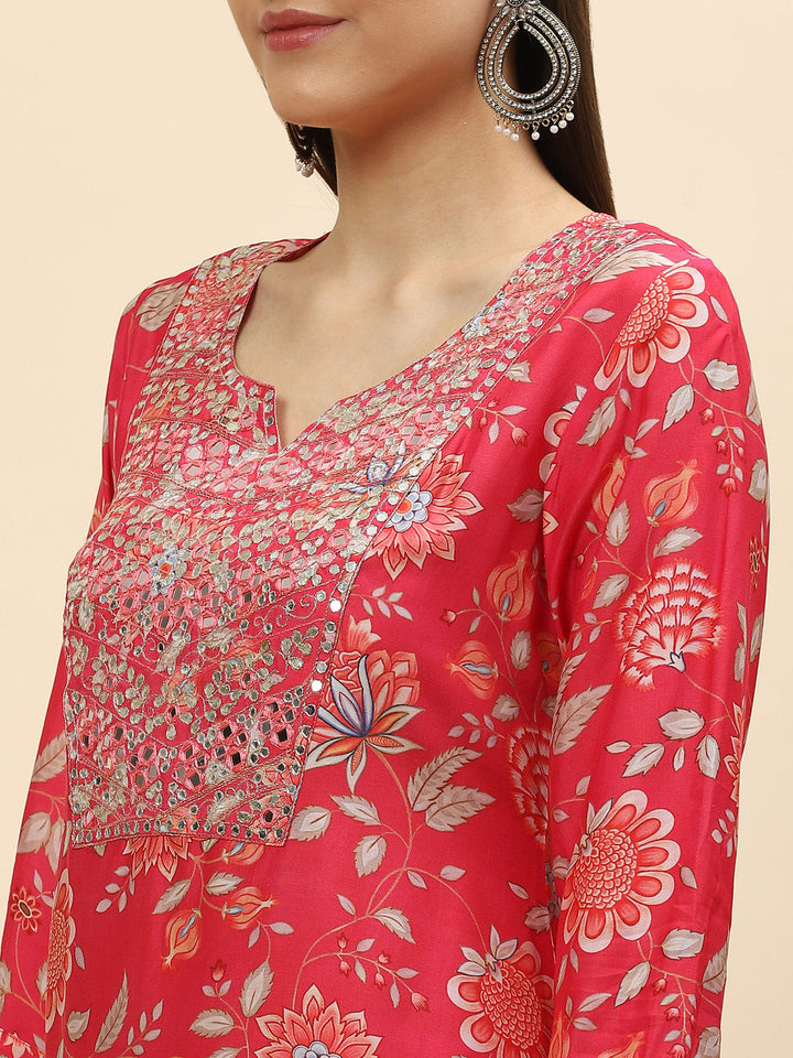Floral Digital Printed Chanderi Kurta With Garara &amp; Dupatta