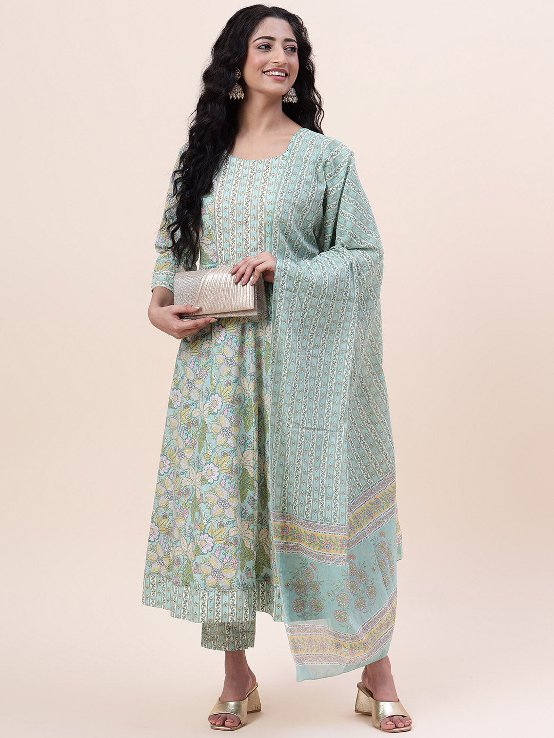 Floral Printed Cotton Kurta With Pants &amp; Dupatta