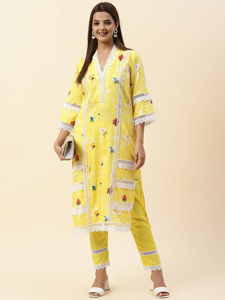 Floral Printed Cotton Kurta With Pants