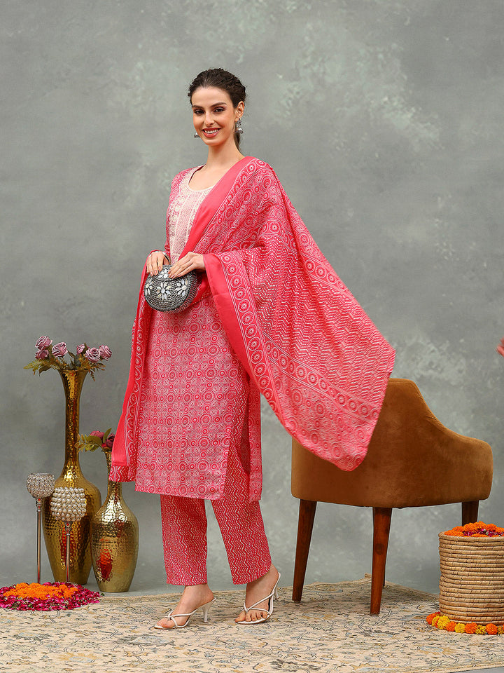 Floral Printed Cotton Kurta With Pants &amp; Dupatta