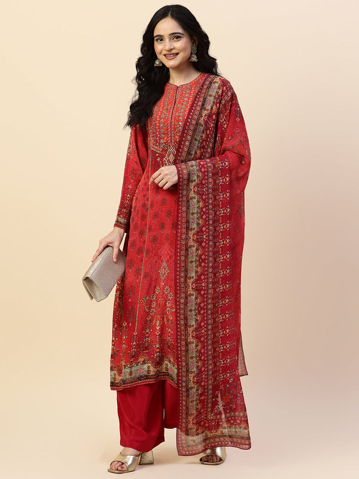 Digital Printed Crepe Kurta With Palazzo &amp; Dupatta