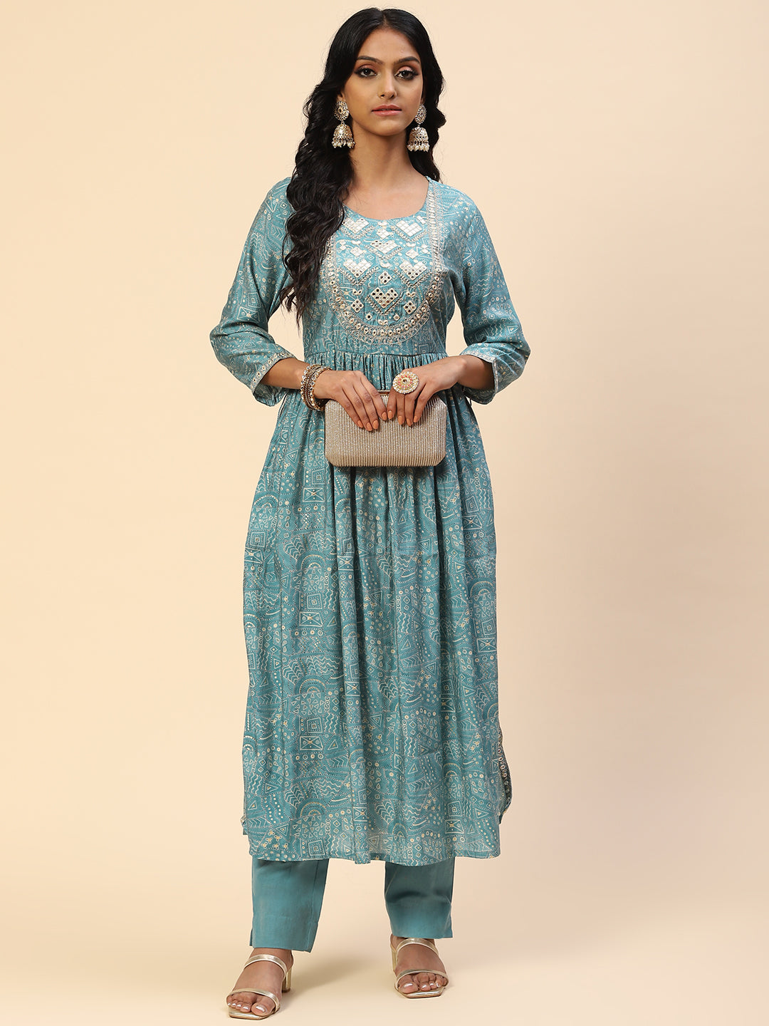 Embroidered Mirror Neck Printed Muslin Kurta With Pants