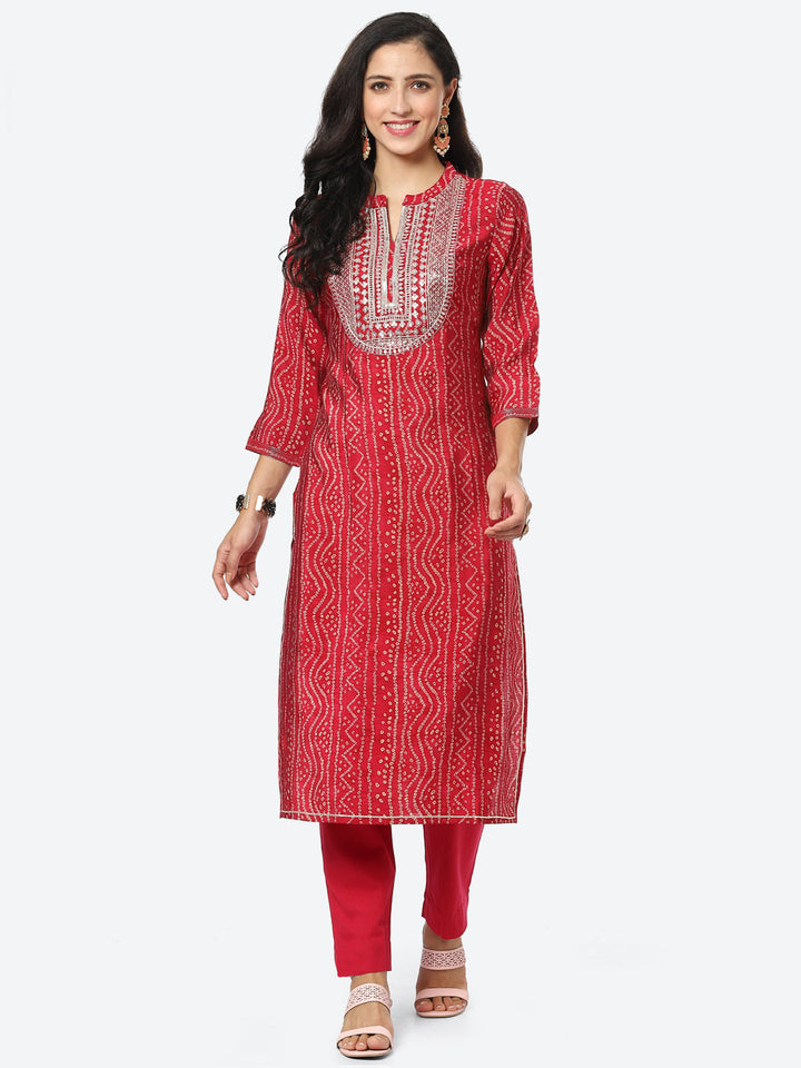 Zari Embroidered Bandhej Printed Muslin Kurti With Pant