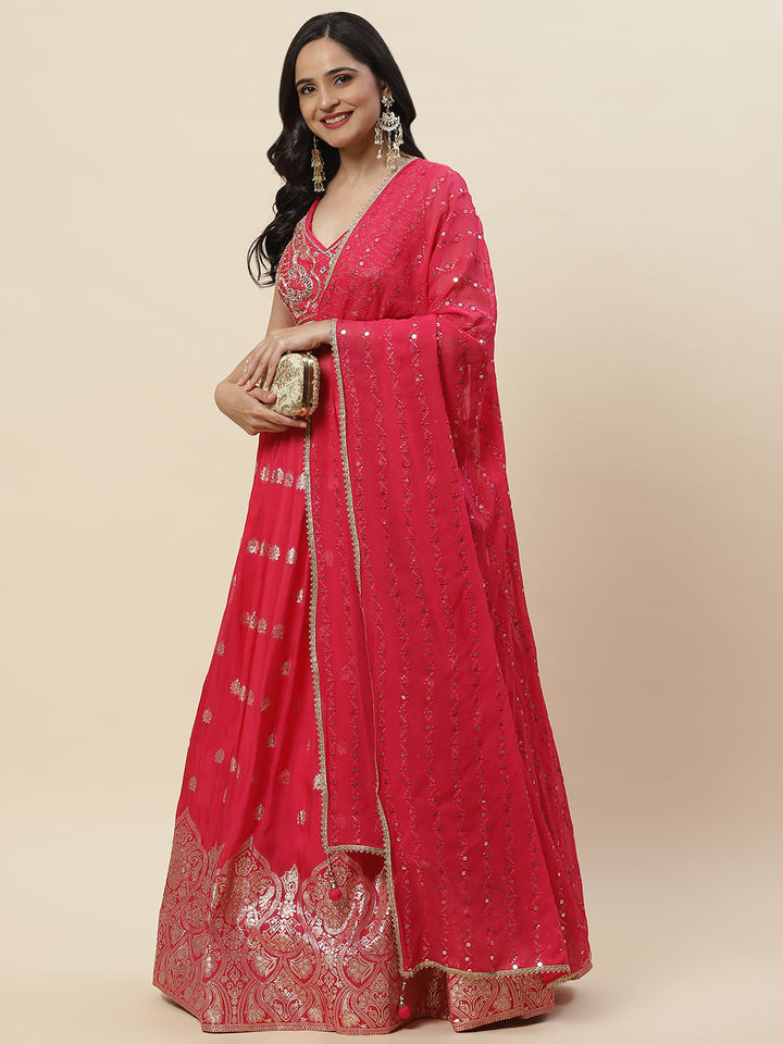 Zari Booti Embroidered Organza Choli With Lehenga &amp; Dupatta