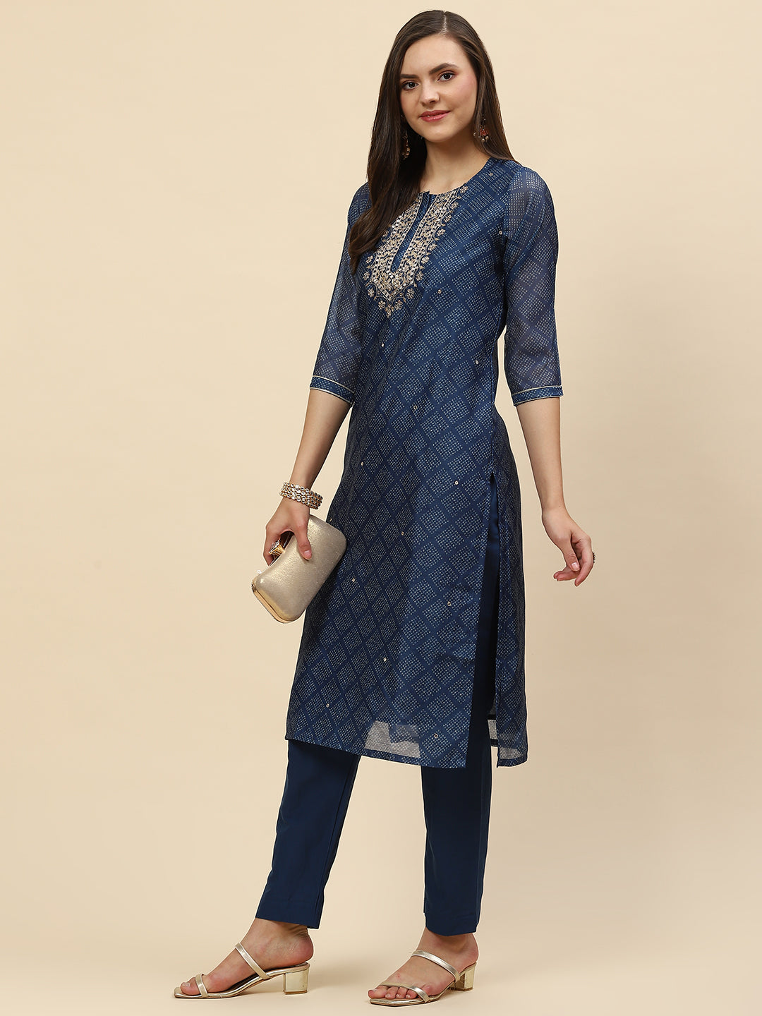 Mirror Embroidered &amp; Printed Chanderi Kurta With Pants