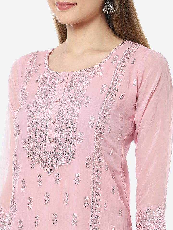 Resham Mirror Booti Organza Kurta With Pant &amp; Net Dupatta