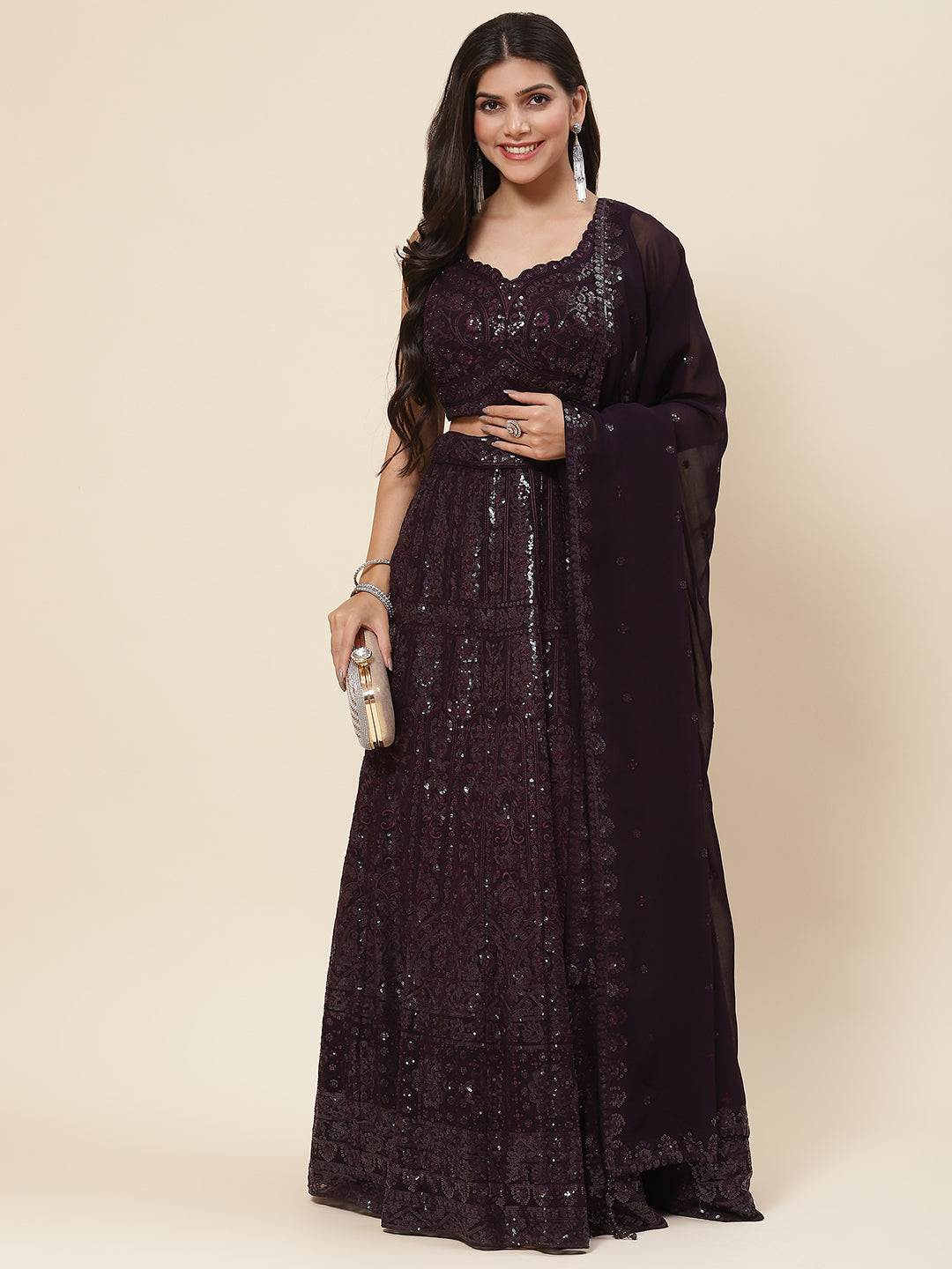 Sequin Embroidered Georgette Choli With Lehenga &amp; Dupatta