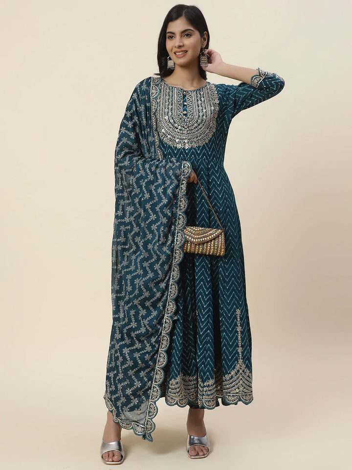 Neck Embroidered Cotton Kurta With Pants &amp; Dupatta