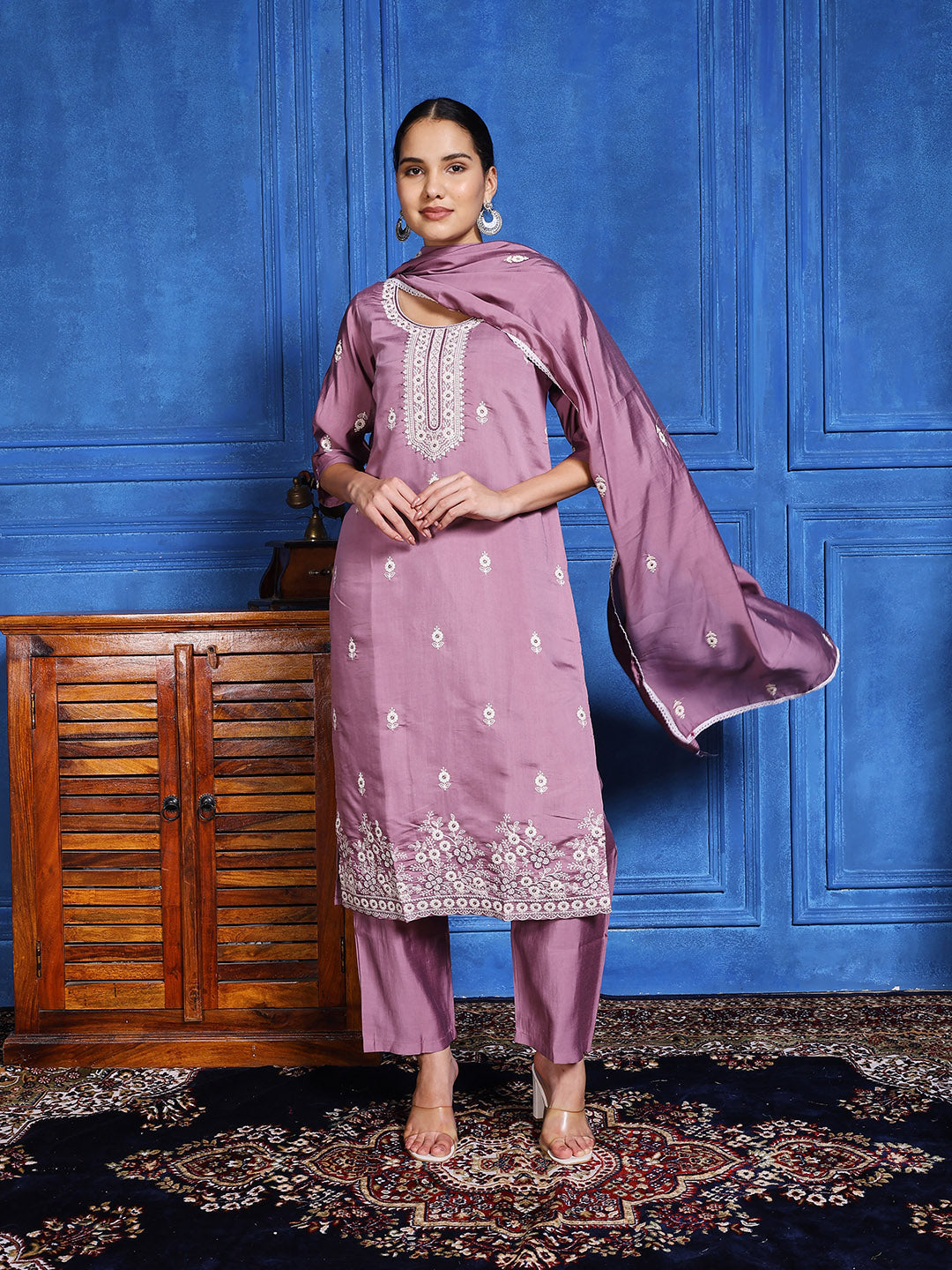 Printed Cotton Blend Kurta With Pants &amp; Dupatta