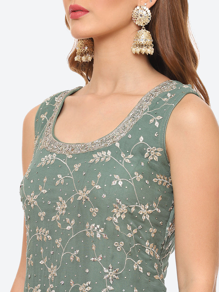 Zari Booti Georgette Kurta With Palazzo &amp; Dupatta