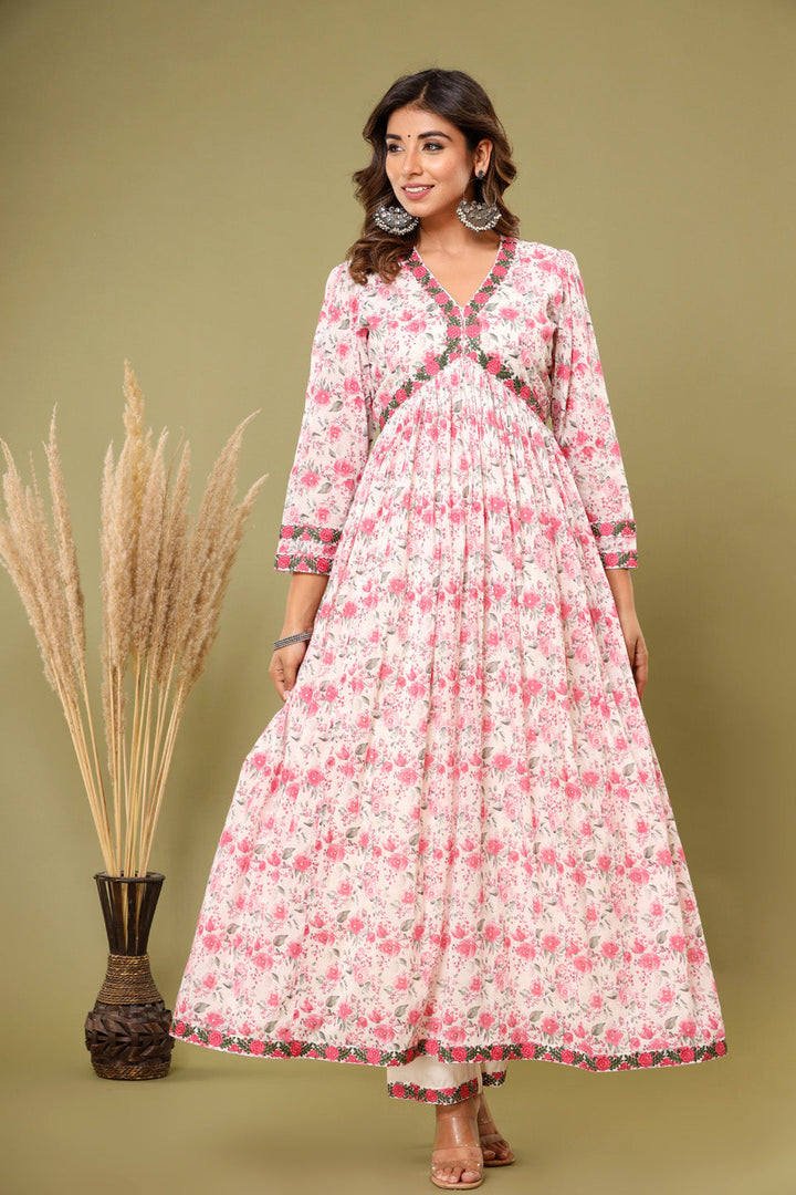 Floral Printed Cotton Kurta With Pants &amp; Dupatta