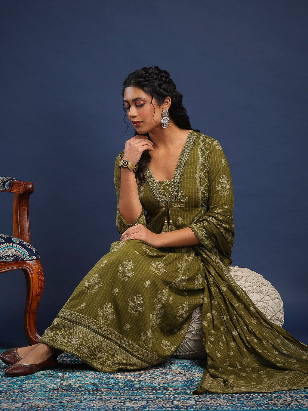 Mehndi Cotton Blend Printed Straight Suit Set