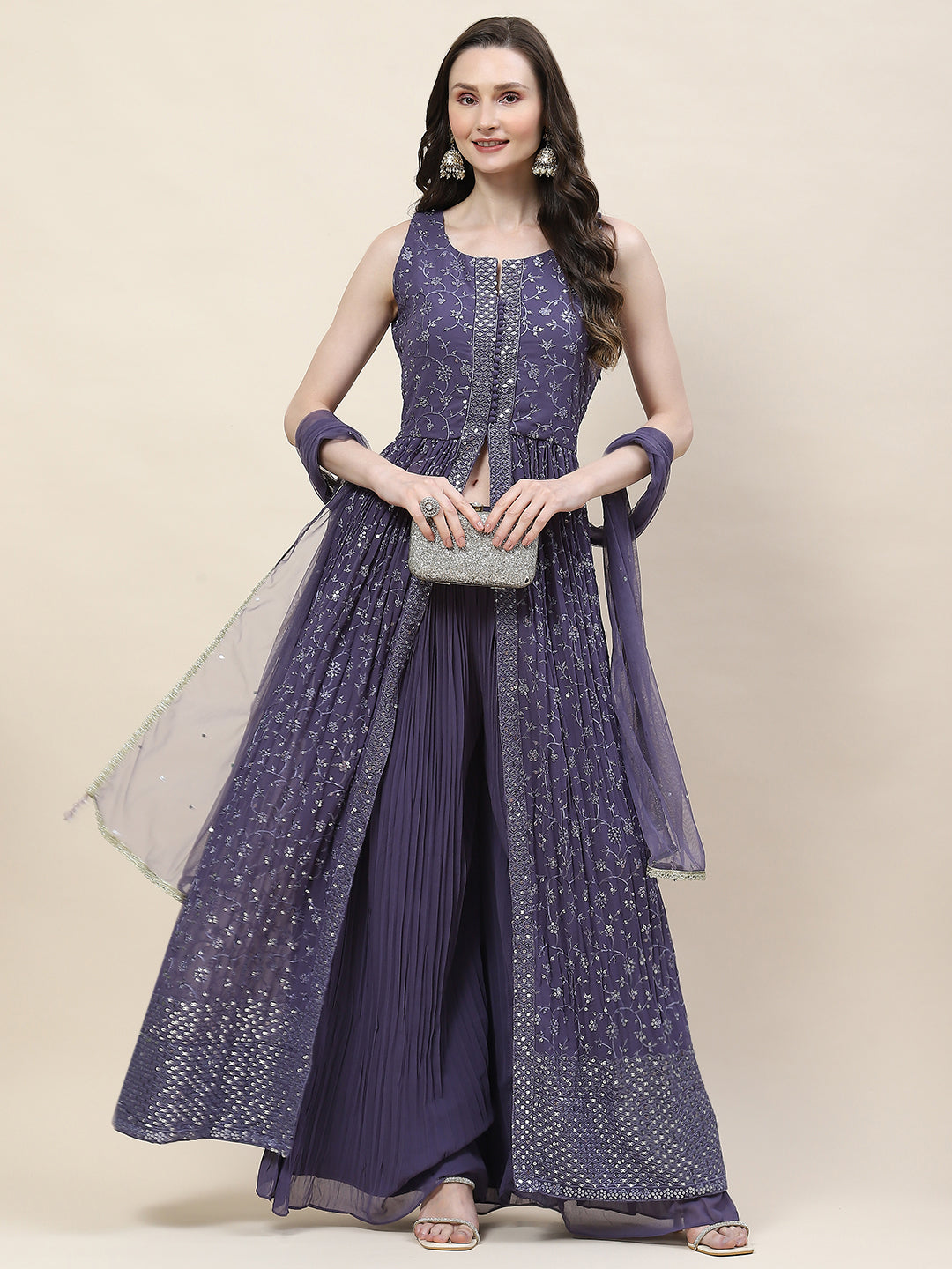 Resham Sequin Embroidery Georgette Kurta With Palazzo &amp; Dupatta