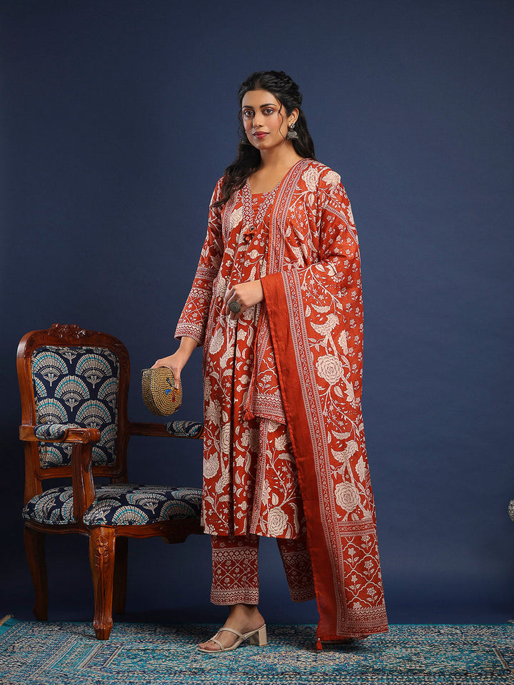Rust Cotton Blend Printed A Line Suit Set