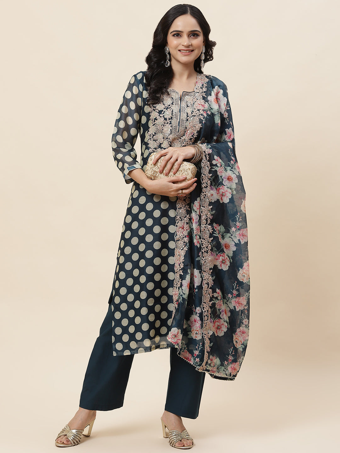 Polka Dot Printed Chanderi Kurta With Pants &amp; Dupatta