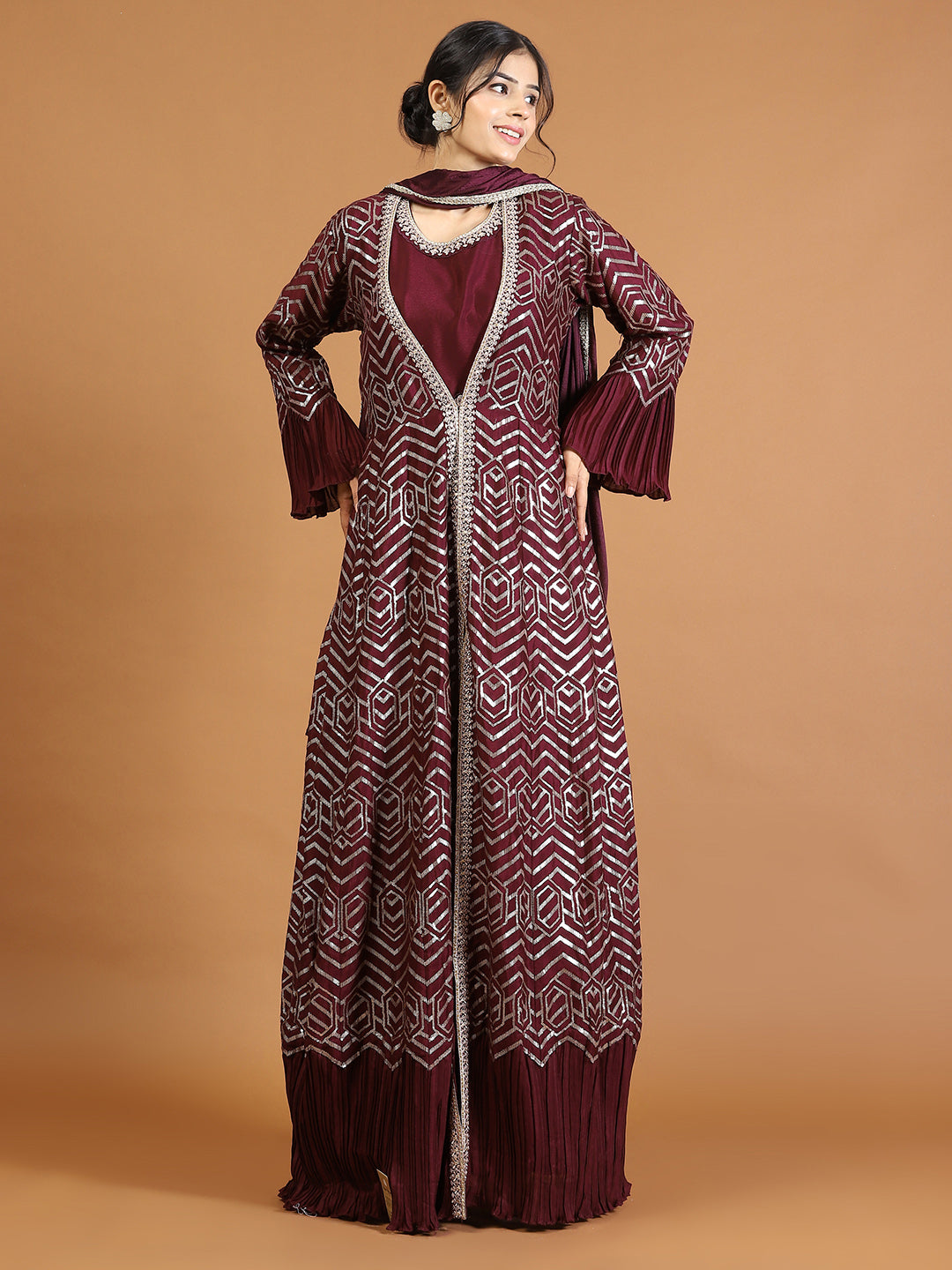 Gota Embroidery Crepe Kurta With Jacket &amp; Dupatta