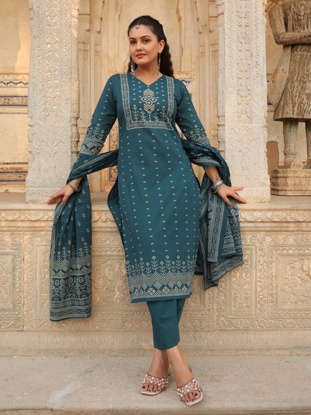 Navy Blue Cotton Blend Printed Straight Suit Set
