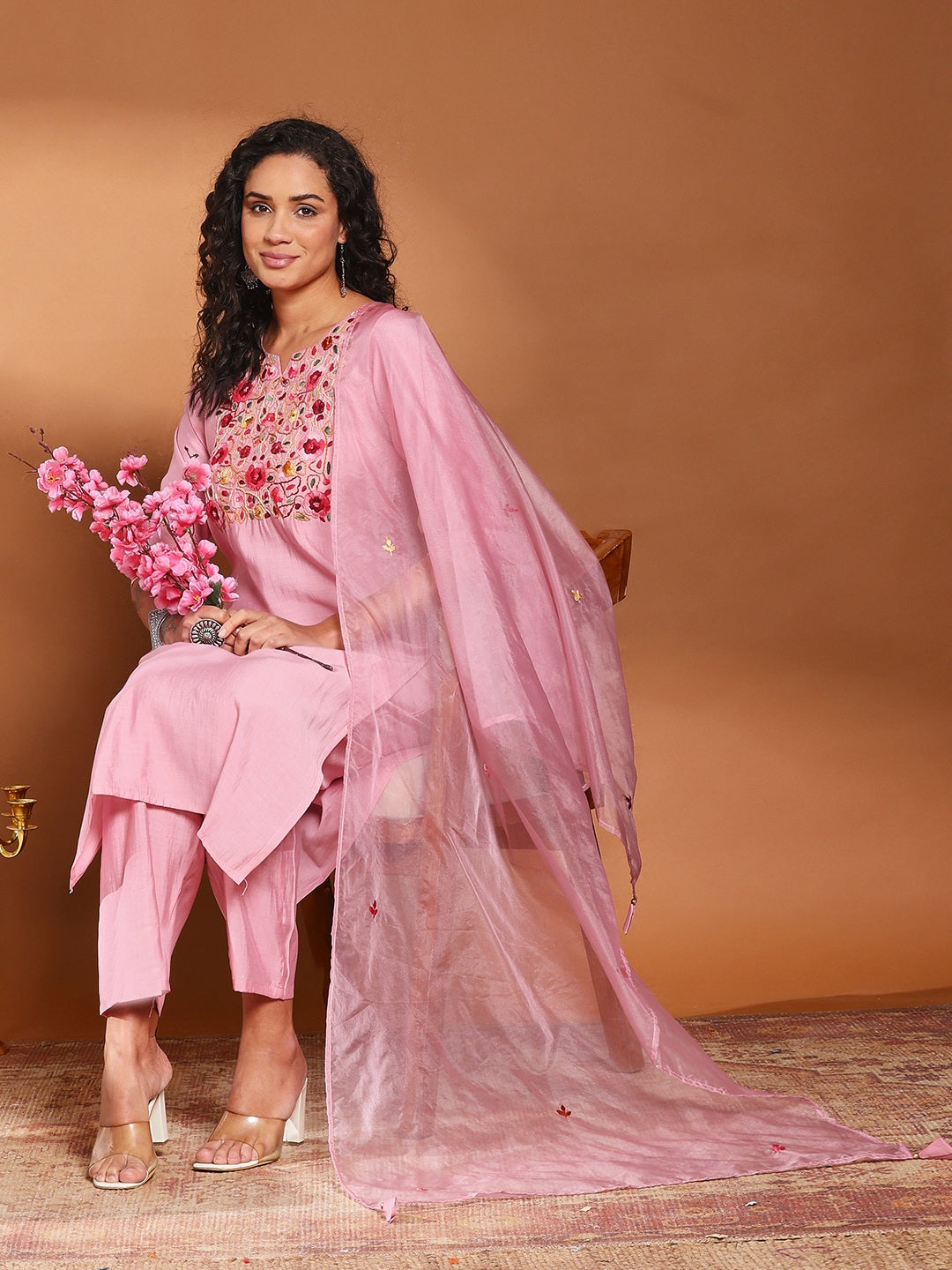 Pink Cotton Blend Embroidered A Line Suit Set