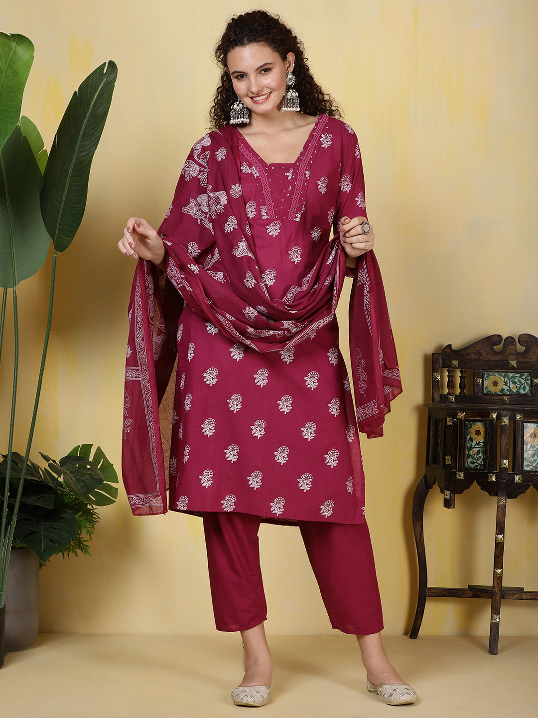 Printed Cotton Blend Kurta With Pants &amp; Dupatta