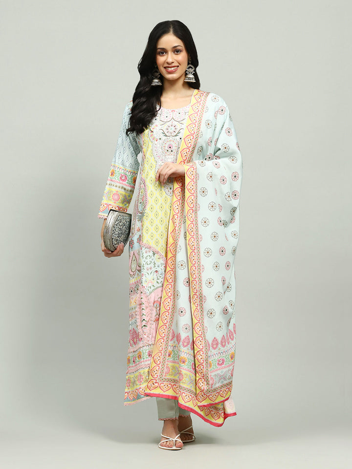 Printed Cotton Blend Kurta With Pants &amp; Dupatta