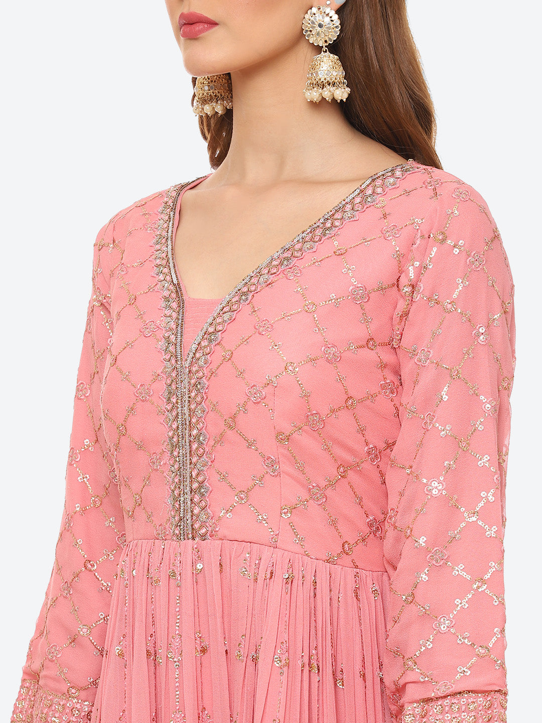 Sequin Work Georgette Anarkali Kurta With Churidar &amp; Net Dupatta